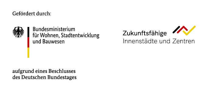 Logo des Bundesministeriums für Wohnen, Stadtentwicklung und Bauwesen und Logo für Zukunftsfähige Innenstädte und Zentren mit Adler und Schwarz-Rot-Gelb Elementen